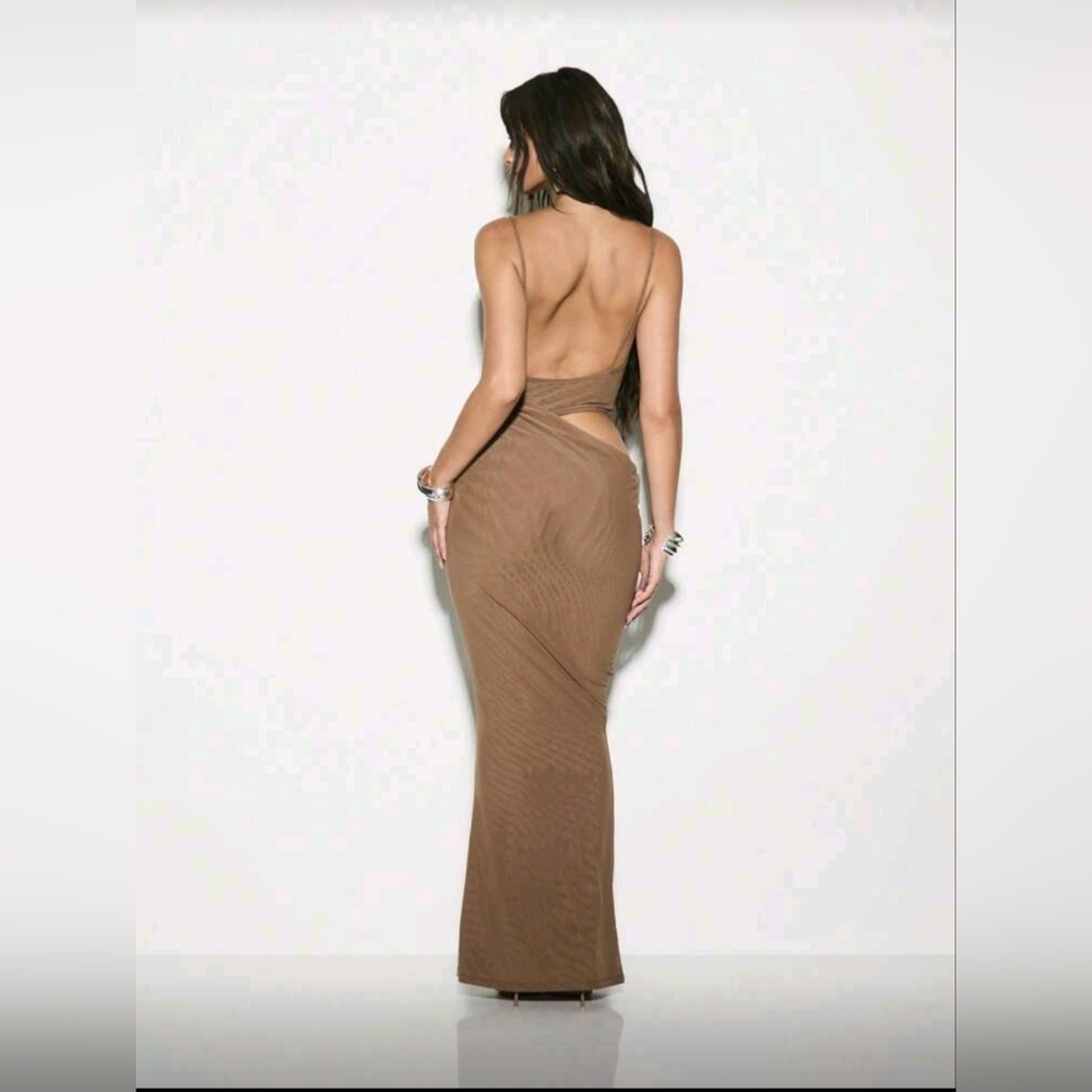 Brown Cutout Maxi Dress Size Large | Poster Girl Style | Slinky Ruched Evening